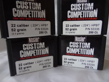 .224 / 5,6 mm 52 gr / 3,4 g Nosler Custom Competiton HPBT Geschosse 250 Stück